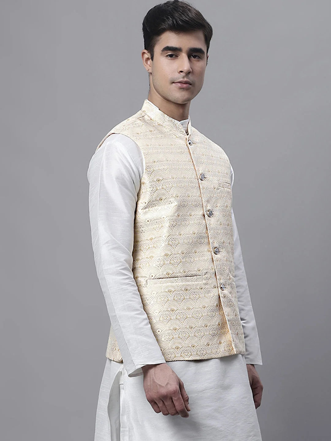 Woven Design Yellow Nehru Jacket - Cotton Men's Ethnic Wear