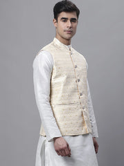 Men Yellow and White Woven Design Nehru Jacket-JOWC-4073