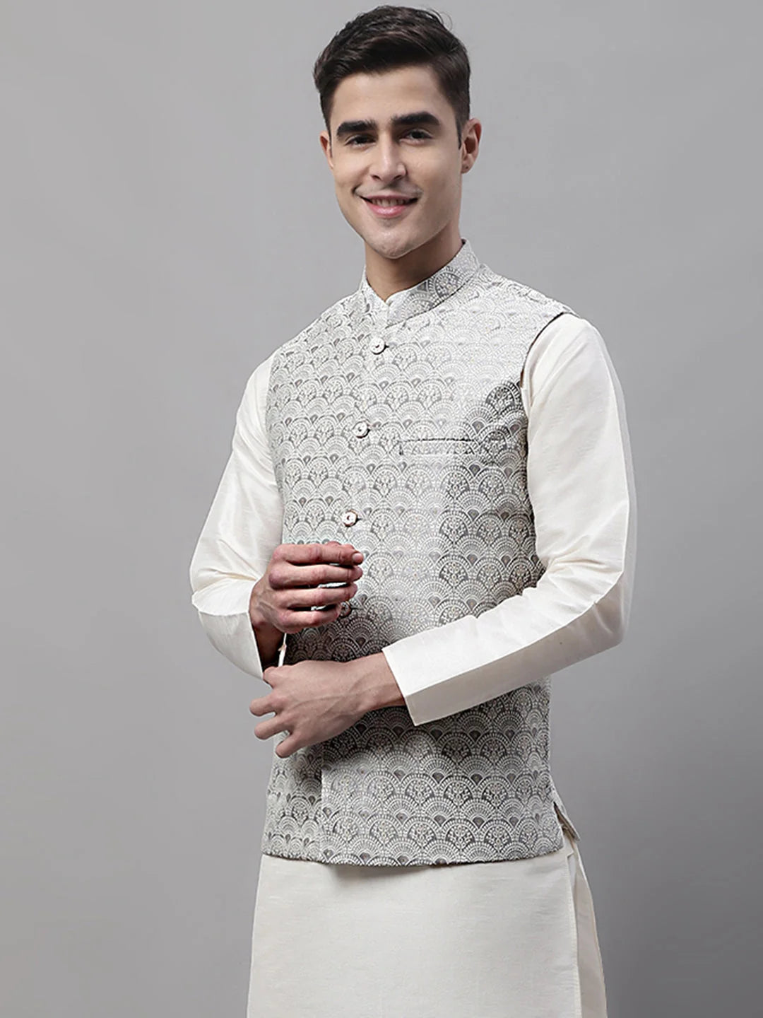 Grey Woven Design Waistcoat - Men's Ethnic Wear Nehru Jackets