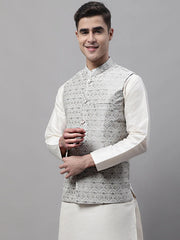 Men Grey and White Woven Design Waistcoats-JOWC-4073