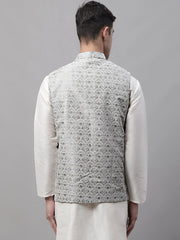 Men Grey and White Woven Design Waistcoats-JOWC-4073