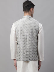 Men Grey and White Woven Design Waistcoats-JOWC-4073