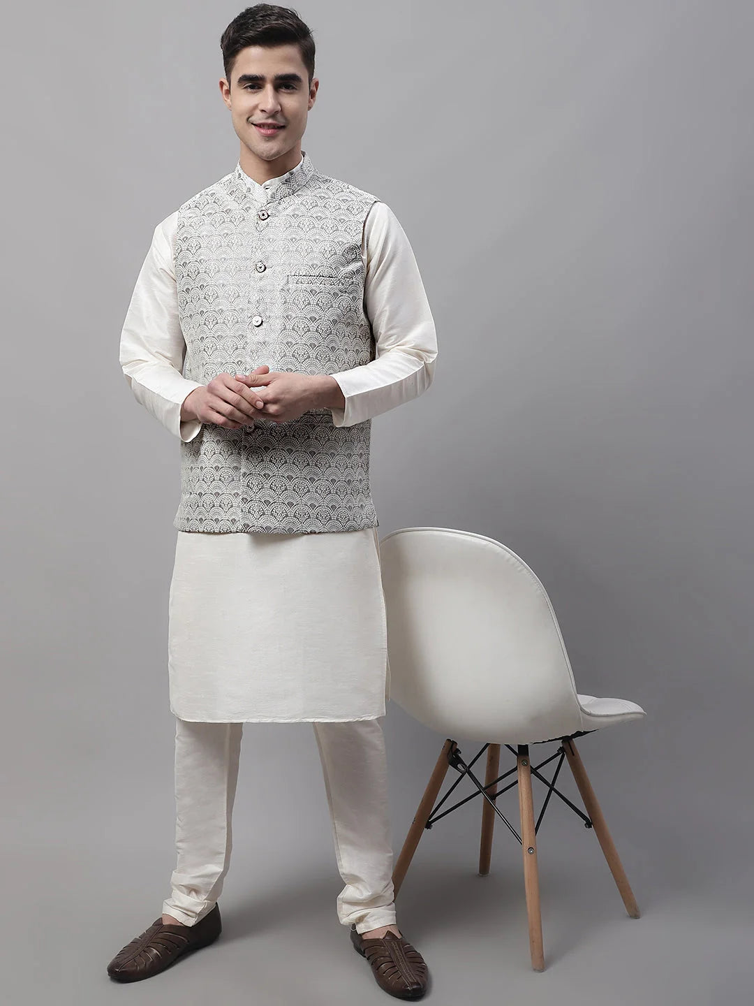 Grey Woven Design Waistcoat - Men's Ethnic Wear Nehru Jackets