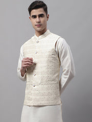 Men Off White Woven Design Waistcoats-JOWC-4073