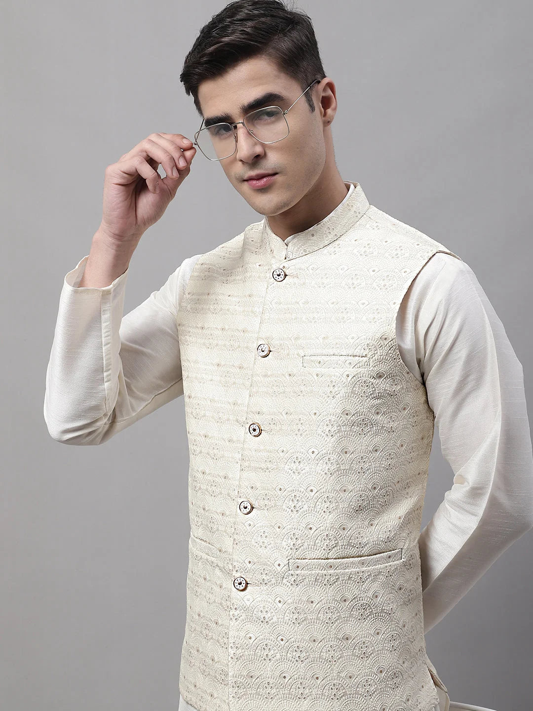 Men Off White Woven Design Waistcoats-JOWC-4073
