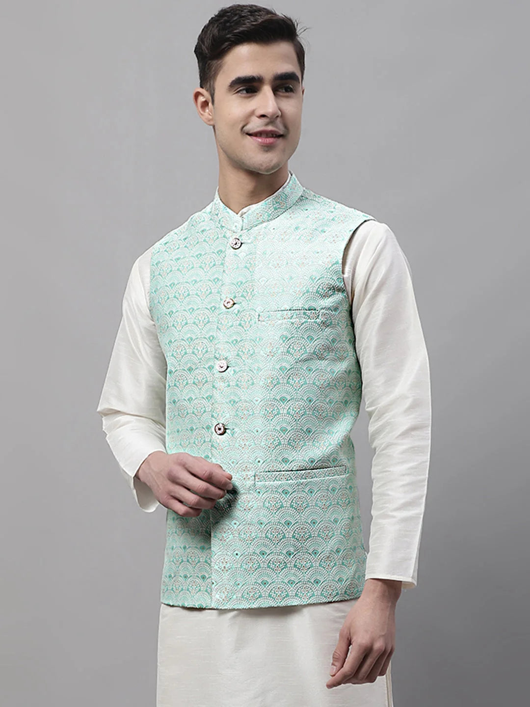 Sky Blue Woven Waistcoat - Stylish Men's Ethnic Nehru Jackets