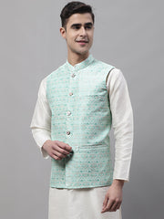 Men Sky Blue and White Woven Design Waistcoats-JOWC-4073