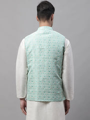 Men Sky Blue and White Woven Design Waistcoats-JOWC-4073