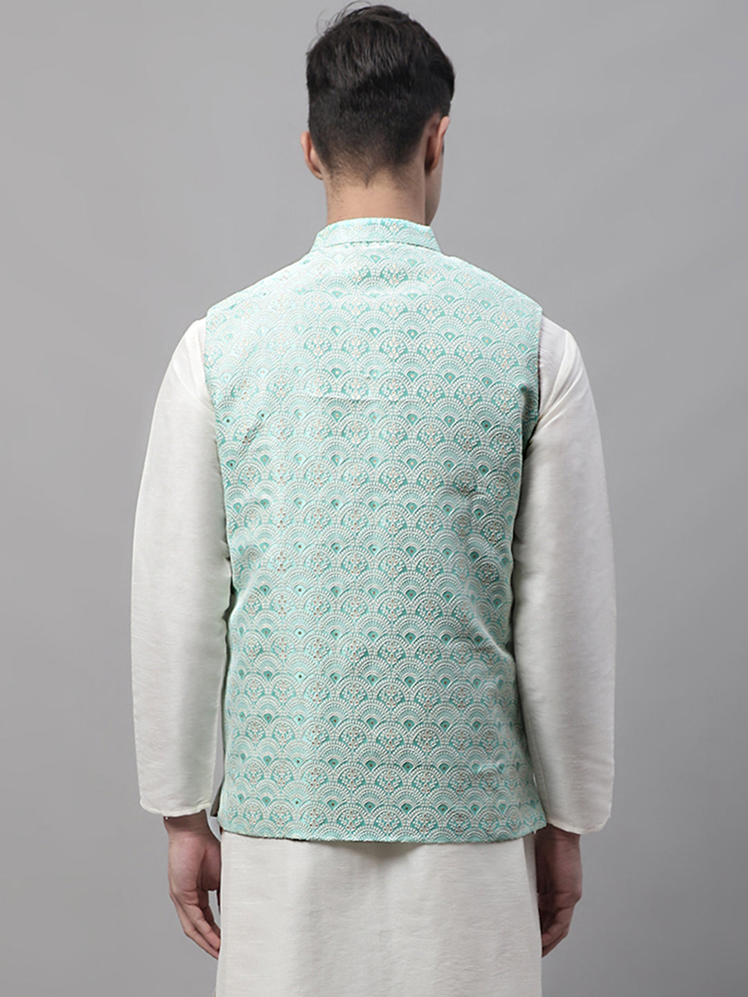 Sky Blue Woven Waistcoat - Stylish Men's Ethnic Nehru Jackets