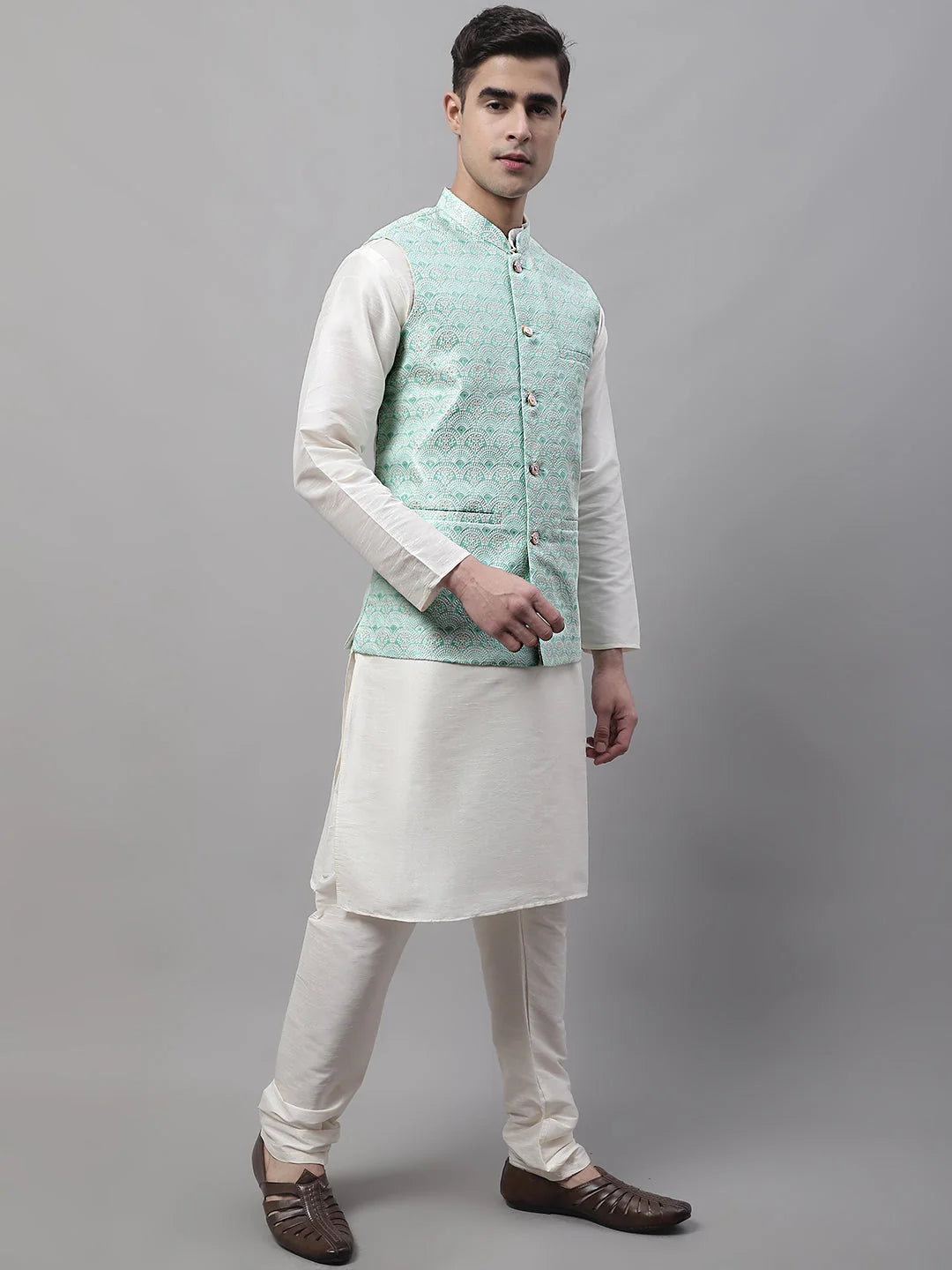 Sky Blue Woven Waistcoat - Stylish Men's Ethnic Nehru Jackets