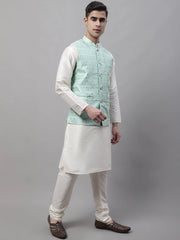Men Sky Blue and White Woven Design Waistcoats-JOWC-4073