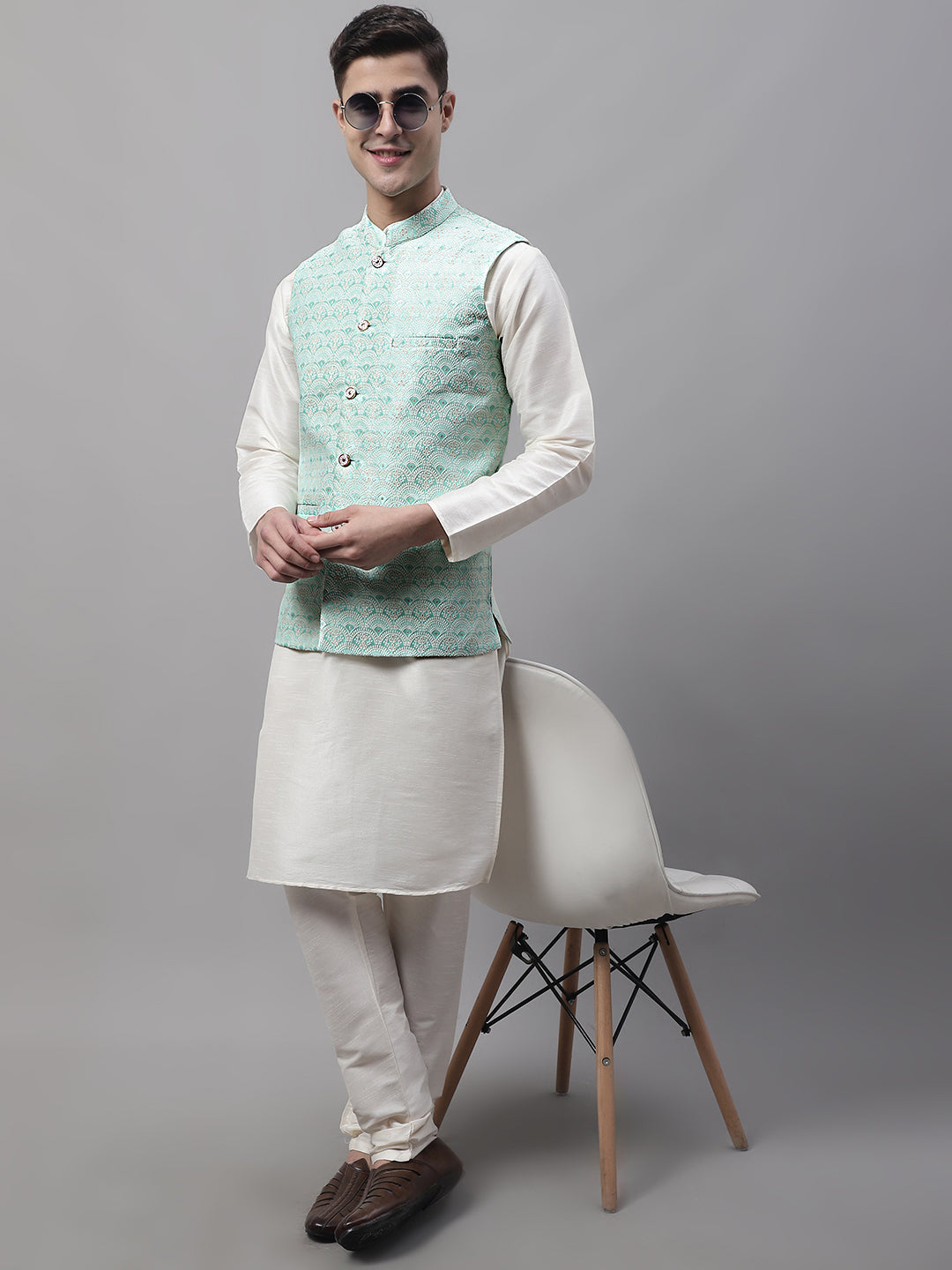 Sky Blue Woven Waistcoat - Stylish Men's Ethnic Nehru Jackets