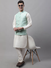 Men Sky Blue and White Woven Design Waistcoats-JOWC-4073