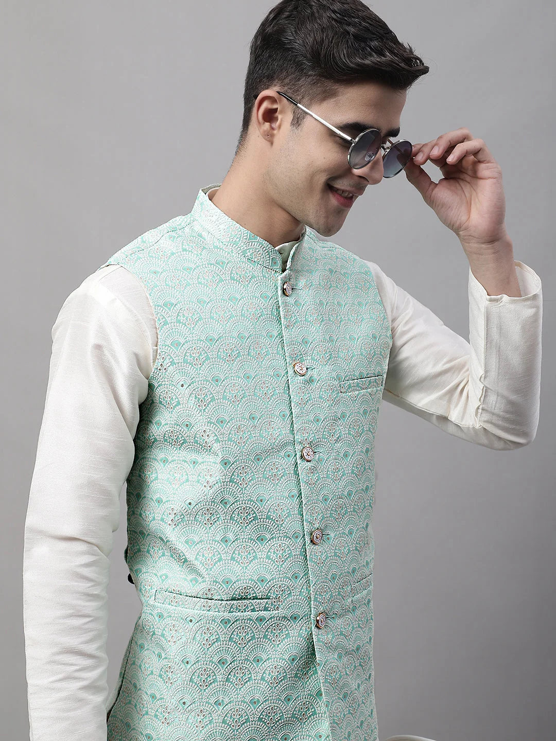 Sky Blue Woven Waistcoat - Stylish Men's Ethnic Nehru Jackets
