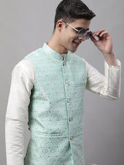 Men Sky Blue and White Woven Design Waistcoats-JOWC-4073