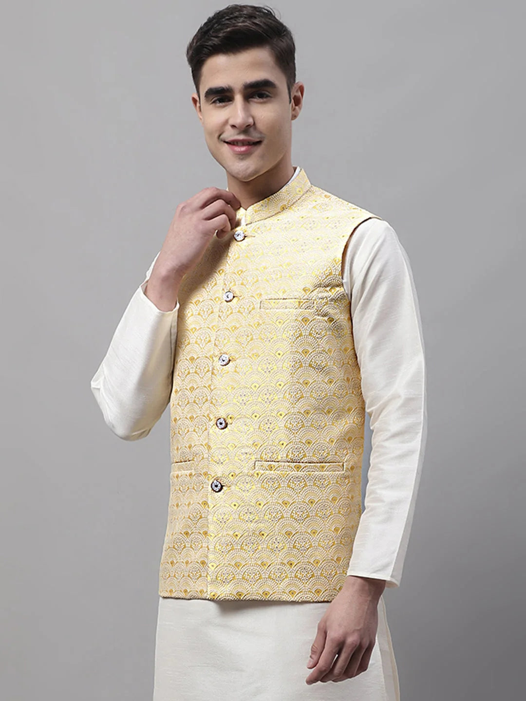 Yellow Woven Waistcoat - Men's Modi Jacket Nehru Collar Style