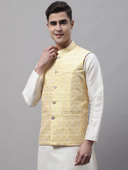 Men Yellow and White Woven Design Waistcoats-JOWC-4073