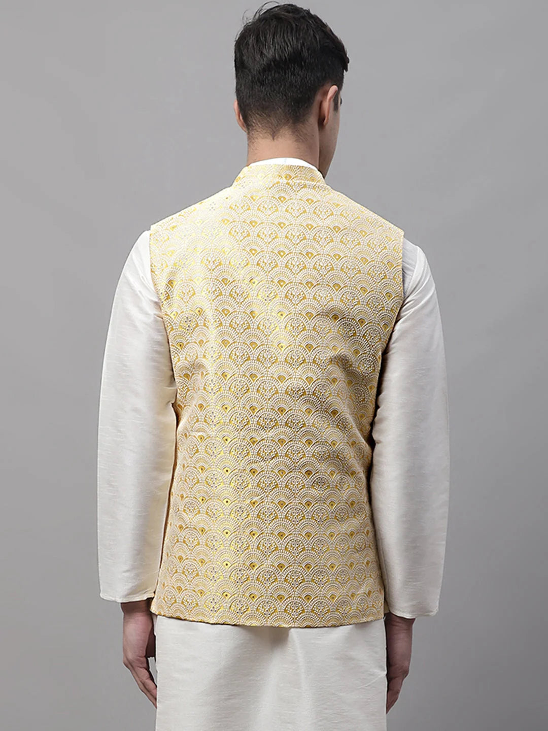 Yellow Woven Waistcoat - Men's Modi Jacket Nehru Collar Style