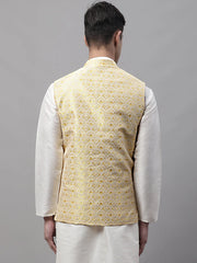 Men Yellow and White Woven Design Waistcoats-JOWC-4073