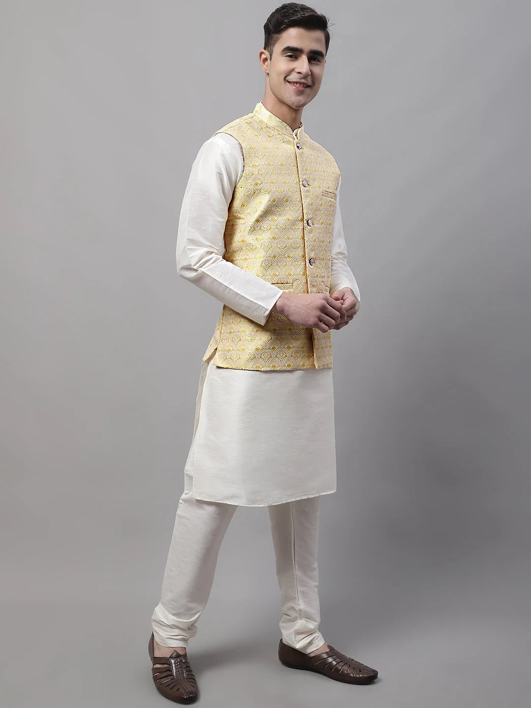 Yellow Woven Waistcoat - Men's Modi Jacket Nehru Collar Style
