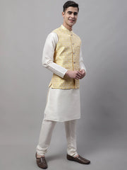 Men Yellow and White Woven Design Waistcoats-JOWC-4073