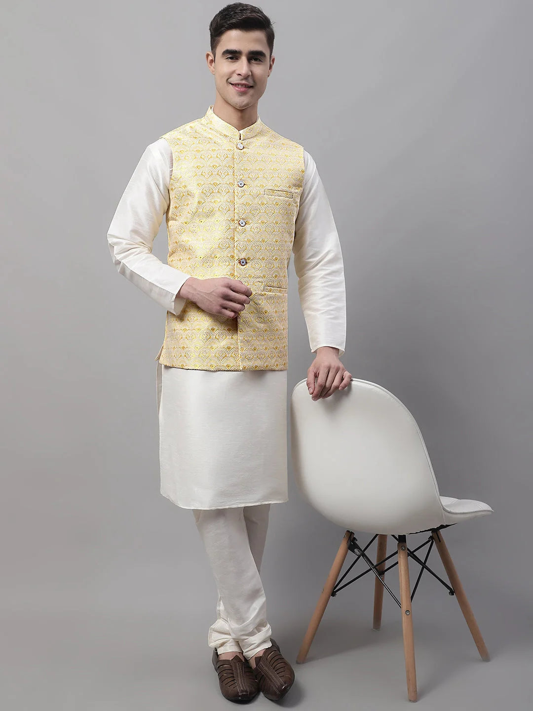 Yellow Woven Waistcoat - Men's Modi Jacket Nehru Collar Style