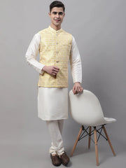 Men Yellow and White Woven Design Waistcoats-JOWC-4073