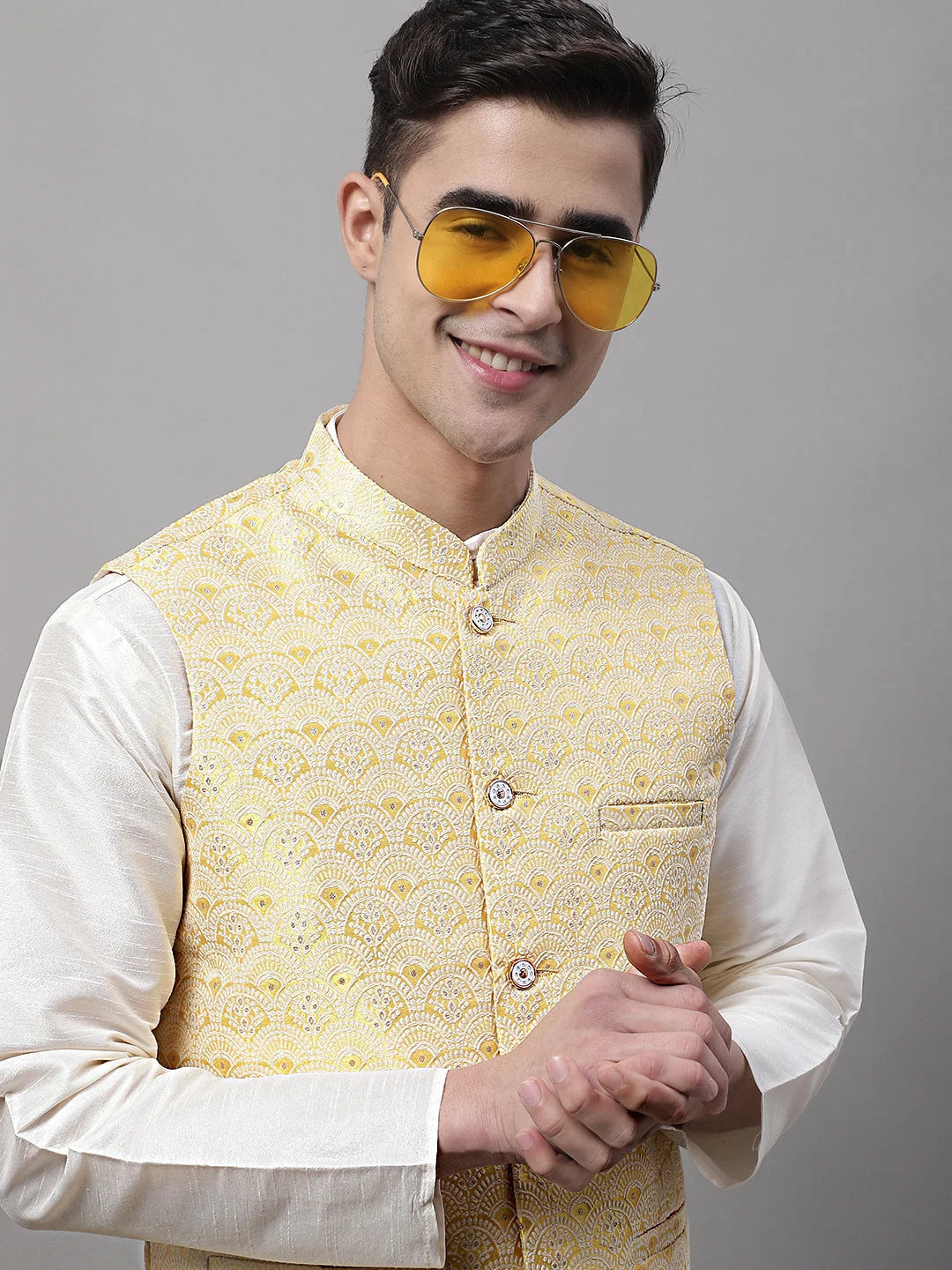 Yellow Woven Waistcoat - Men's Modi Jacket Nehru Collar Style