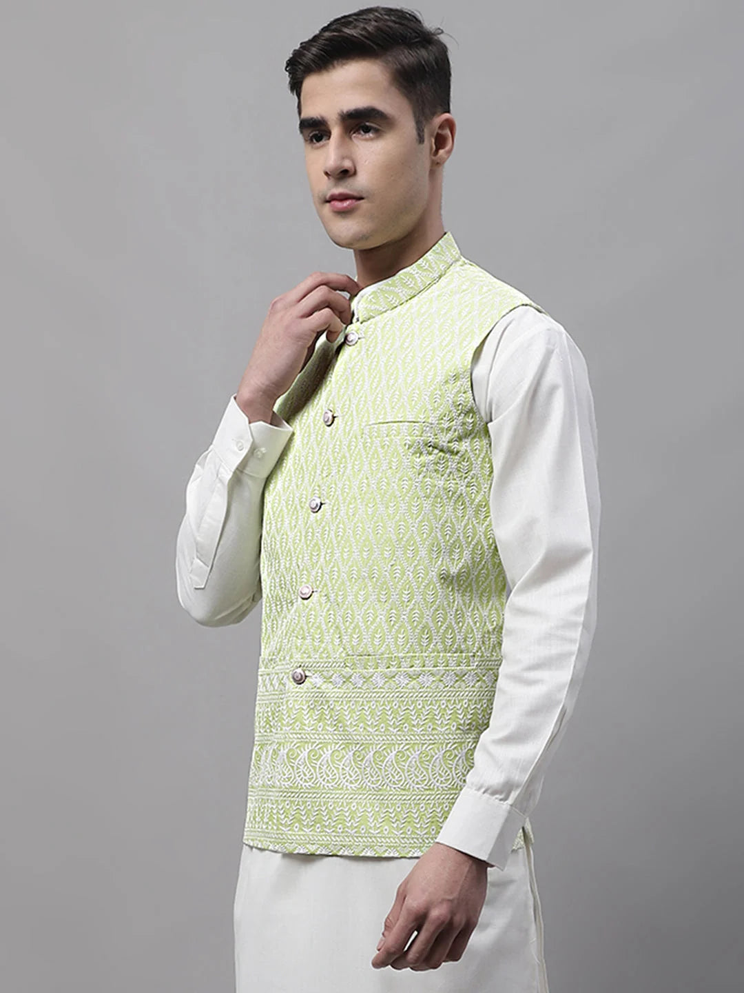 Green Embroidered Waistcoat - Men's Nehru Jacket Wedding Style