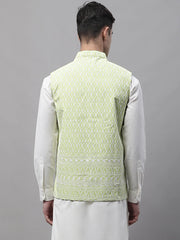 Men Green and White Embroidered Waistcoats-JOWC-4074