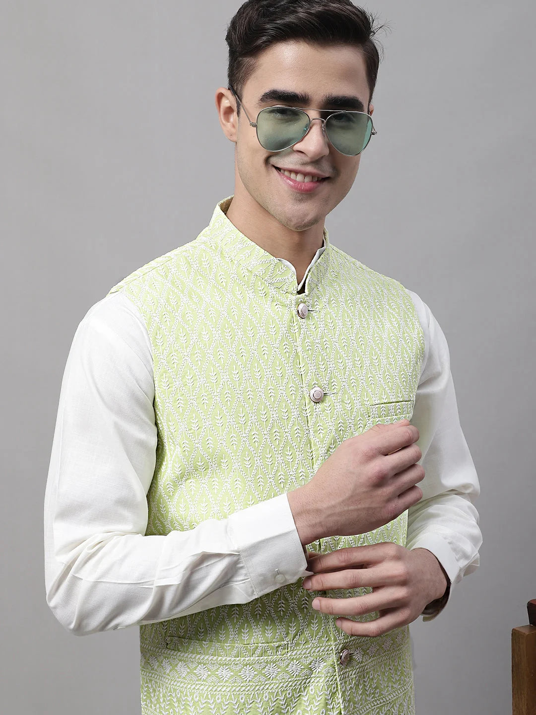 Green Embroidered Waistcoat - Men's Nehru Jacket Wedding Style
