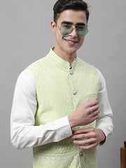 Men Green and White Embroidered Waistcoats-JOWC-4074