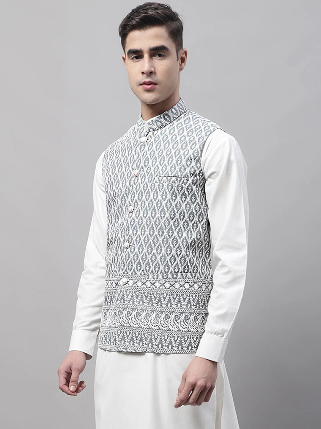 Grey & White Embroidered Cotton Nehru Jackets - Men's Ethnic Wear