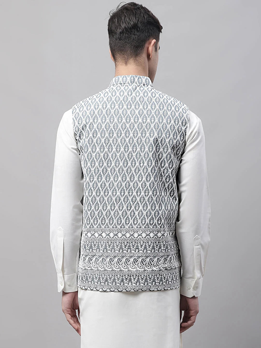 Grey & White Embroidered Cotton Nehru Jackets - Men's Ethnic Wear