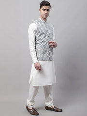 Men Grey and White Embroidered Waistcoats-JOWC-4074