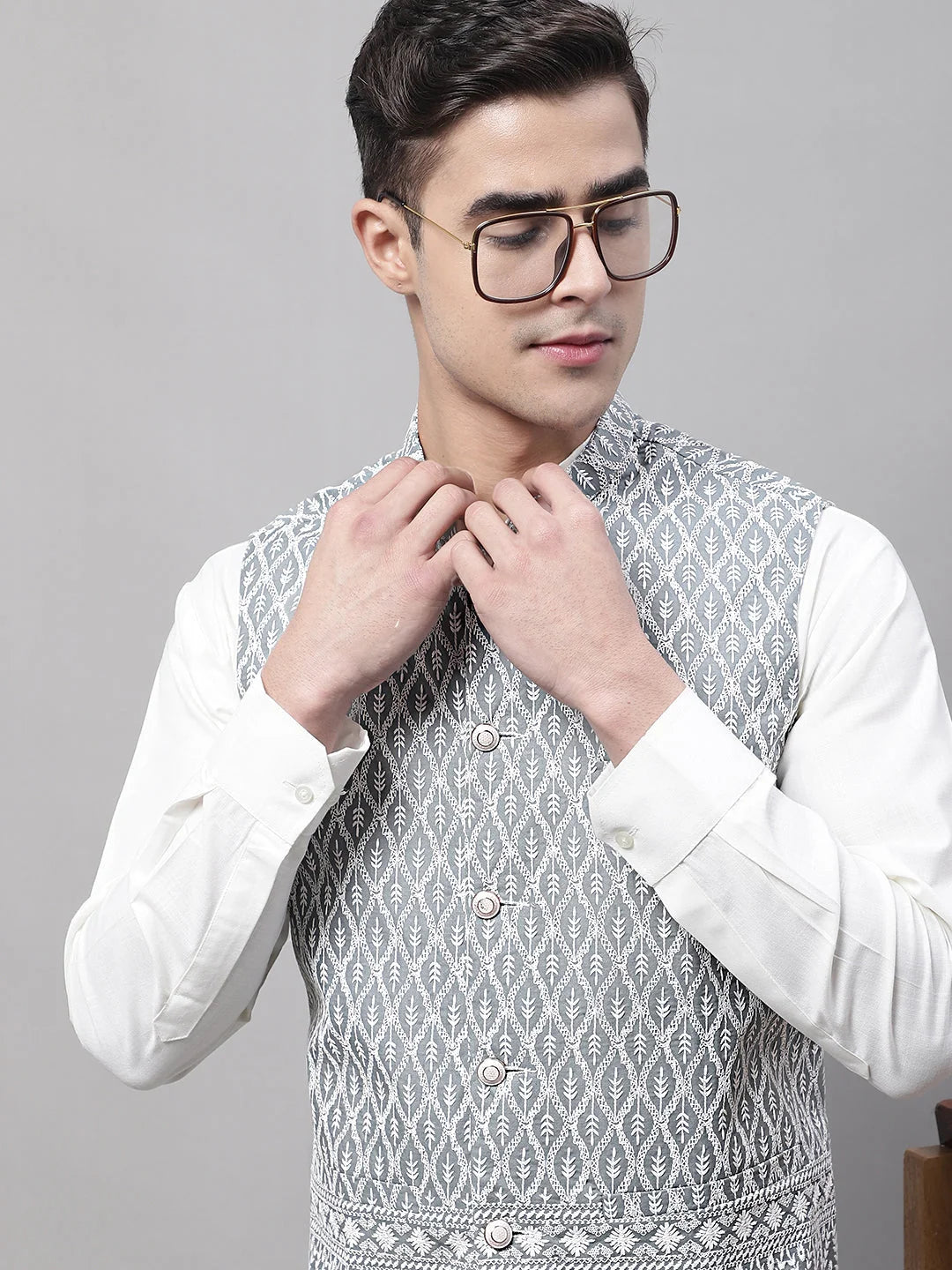 Men Grey and White Embroidered Waistcoats-JOWC-4074