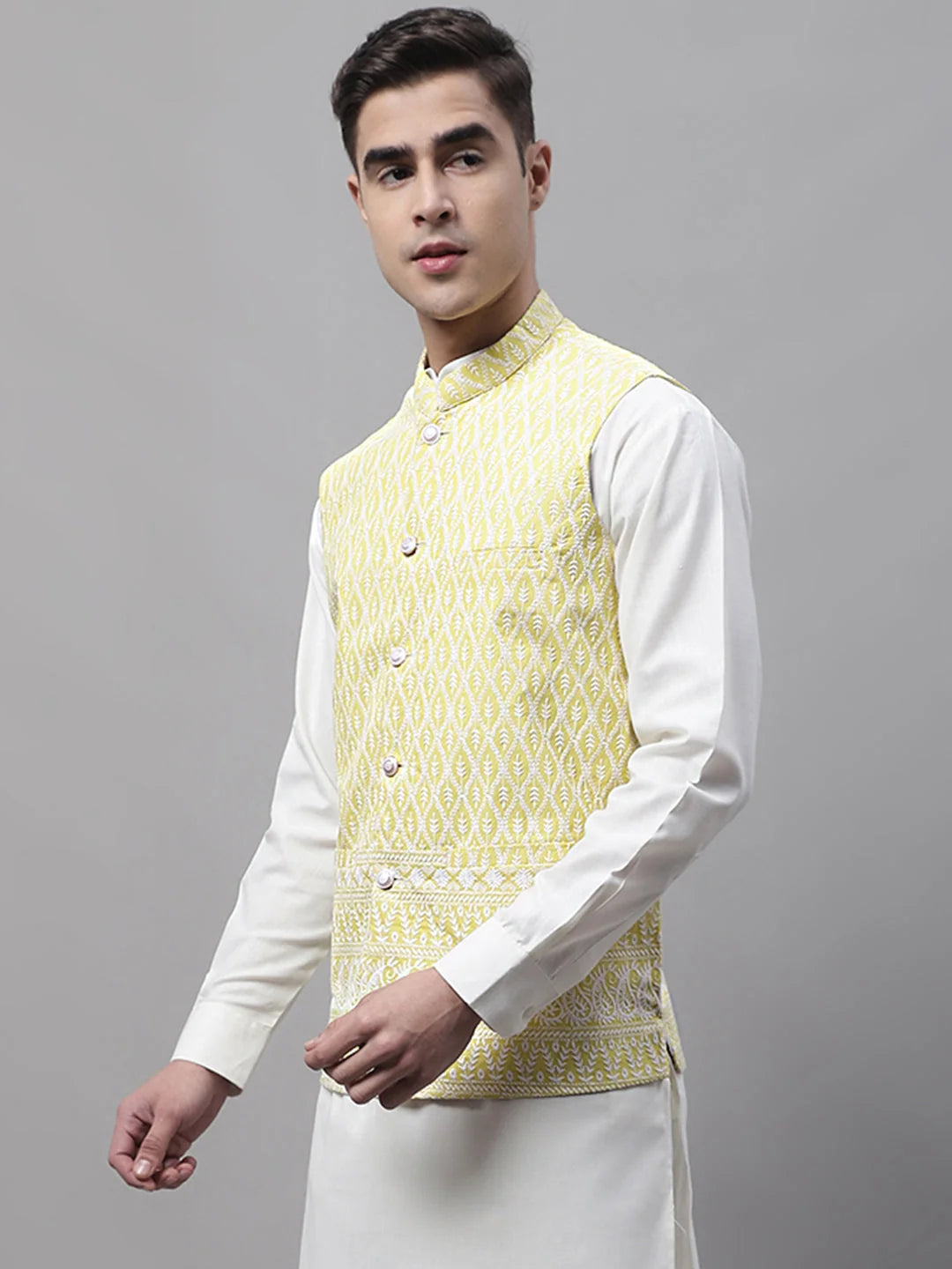 Yellow & White Embroidered Cotton Nehru Jacket | Men's Ethnic ...
