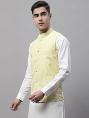 Men Yellow and White Embroidered Waistcoats-JOWC-4074