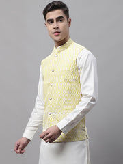 Men Yellow and White Embroidered Waistcoats-JOWC-4074