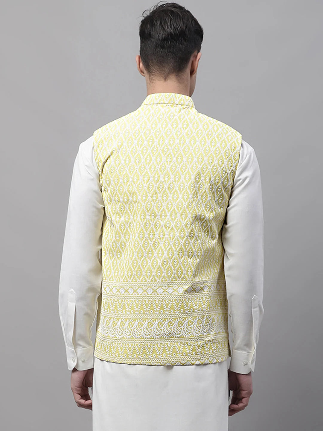 Yellow & White Embroidered Cotton Nehru Jacket | Men's Ethnic ...