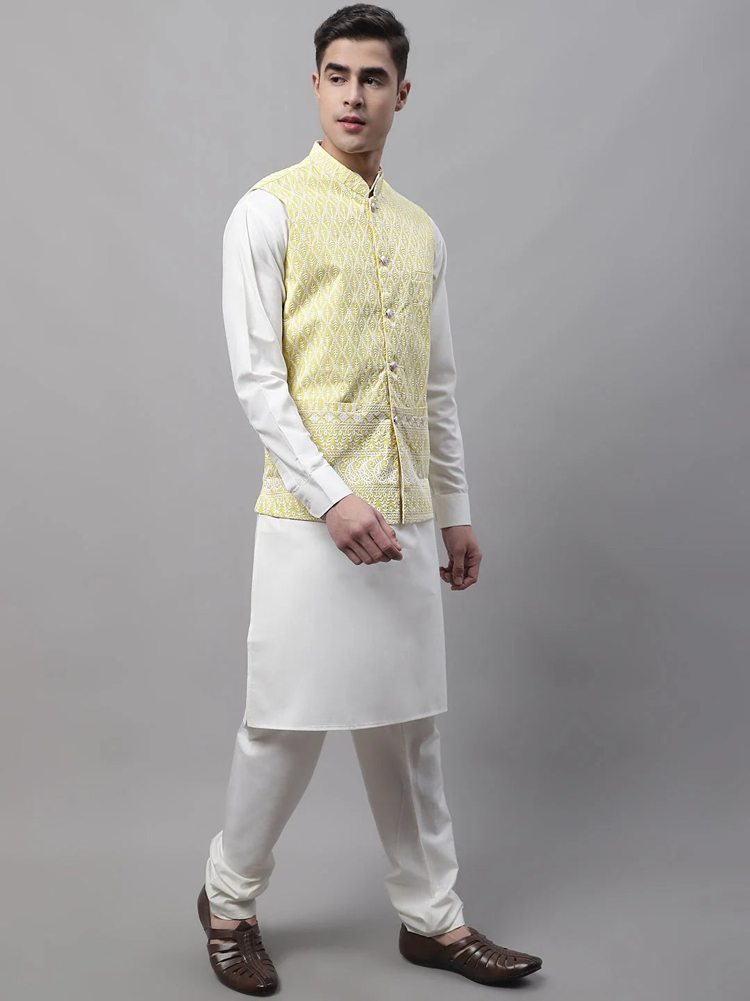 Yellow & White Embroidered Cotton Nehru Jacket | Men's Ethnic ...