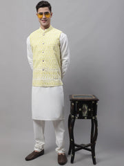 Men Yellow and White Embroidered Waistcoats-JOWC-4074