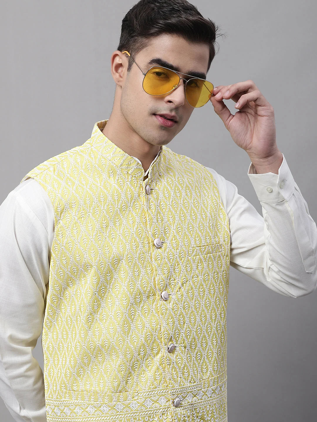 Yellow & White Embroidered Cotton Nehru Jacket | Men's Ethnic ...