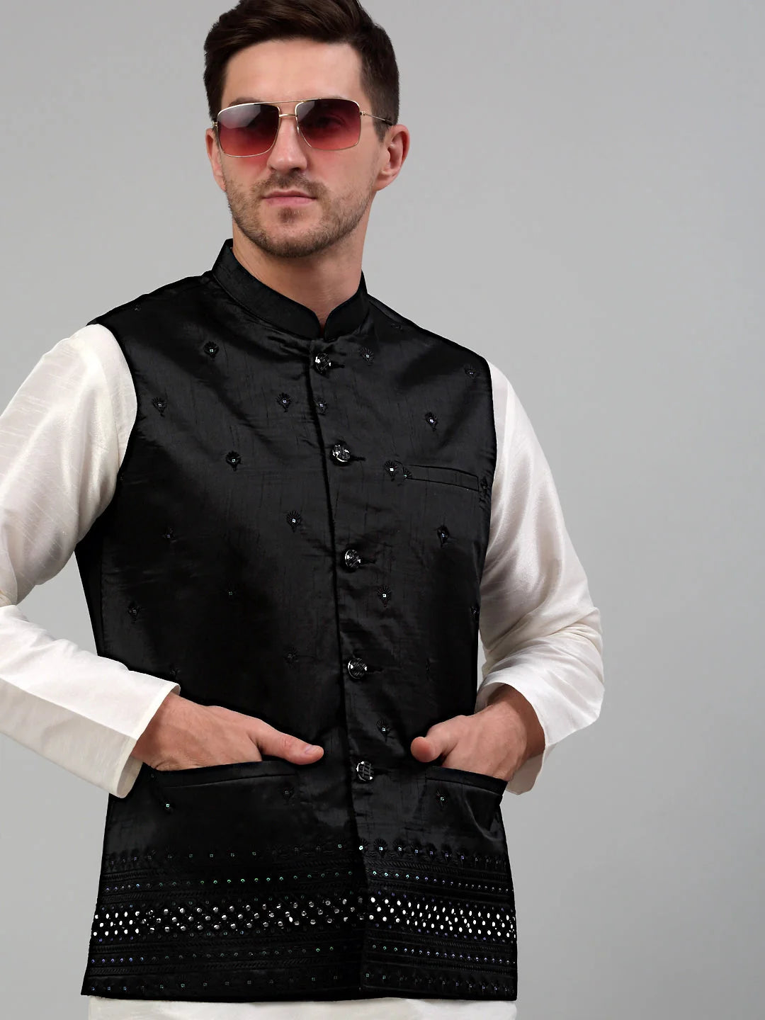 Men's Embroidered Nehru Jacket-JOWC 4077