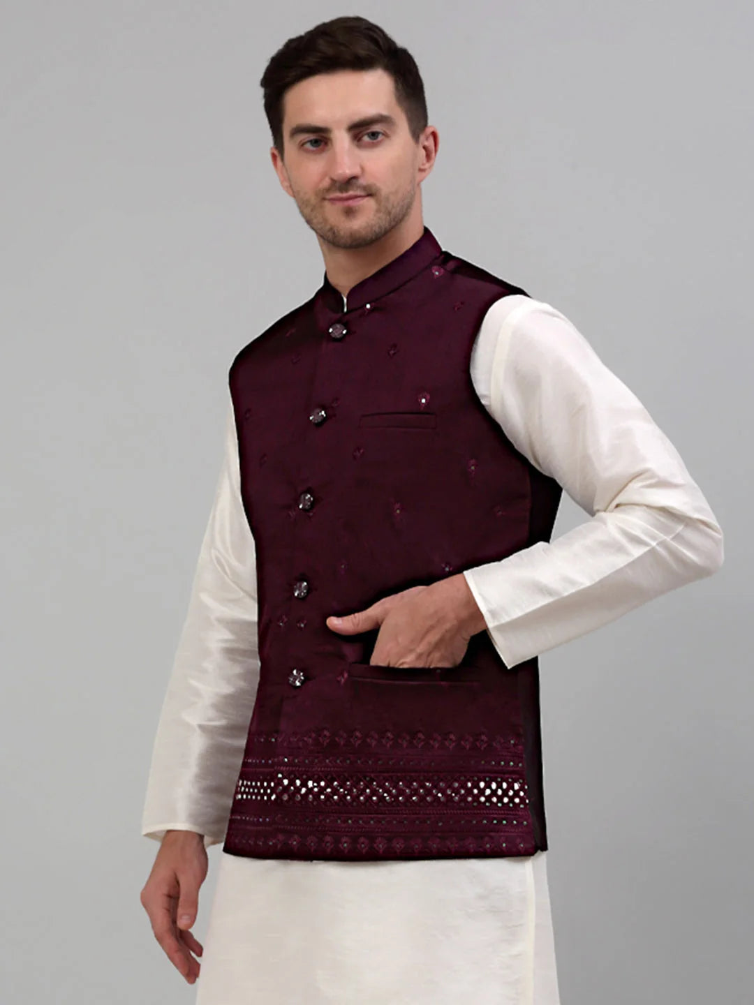 Buy Men's Embroidered Nehru Jacket-4077 | Modi Jacket