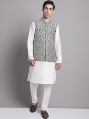 Men's Black and Silver Woven Design Nehru Jacket