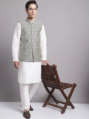 Men's Black and Silver Woven Design Nehru Jacket