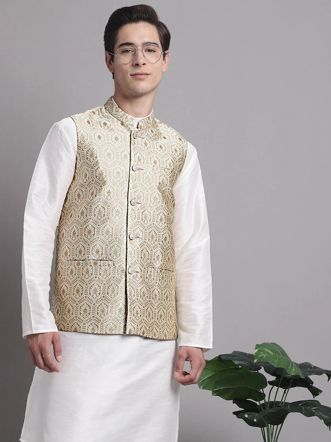 Men's Cream Woven Design Nehru Jacket-JOWC-4078