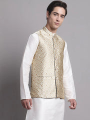 Men's Cream Woven Design Nehru Jacket-JOWC-4078