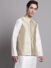 Men's Cream Woven Design Nehru Jacket-JOWC-4078